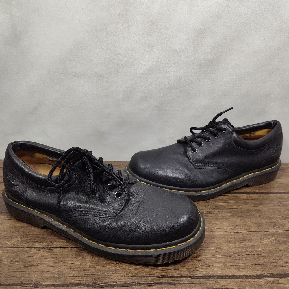 Dr. Martens Black Leather 5-Eye Oxfords with Yellow Welt Stitching